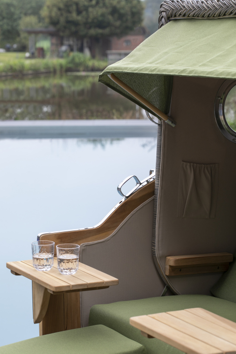 Strandkorb Rantum Grande Bullauge Teak PE Grey Dessin 595 Beige